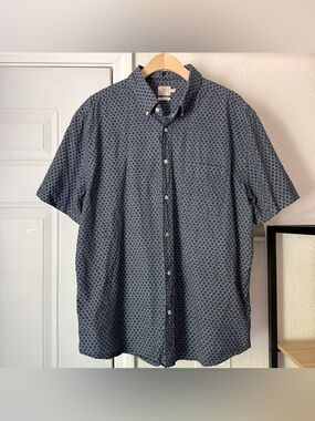 FAHERTY blue fish scale print short sleeve organic cotton button up shirt
